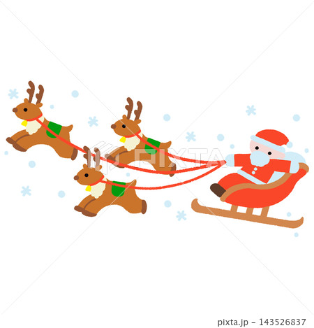 トナカイが引くそりに乗ったサンタクロースのクリスマスイラスト 143526837