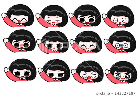 手描きの黒髪ボブの女の子が右手を上げている表情差分セット イラスト 手描きの黒髪ボブの女の子が右手を上げている表情差分セット イラスト 143527187