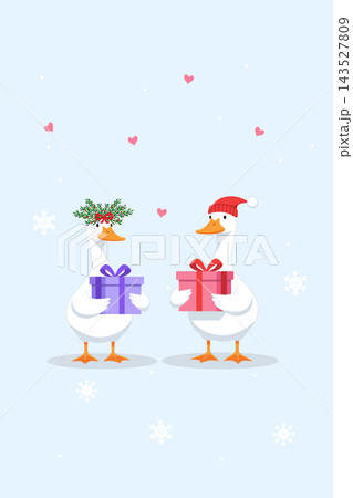 Cute white goose pair exchanging holiday gift boxes in flat vector illustration, wearing mistletoe head wreath and red Santa hat with snowflakes and romantic hearts background Cute white goose pair exchanging holiday gift boxes in flat vector illustration, wearing mistletoe head wreath and red Santa hat with snowflakes and romantic hearts background 143527809