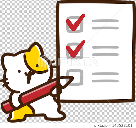 A cute, stylized illustration of a cat character checking off items on a checklist. A cute, stylized illustration of a cat character checking off items on a checklist. 143528101