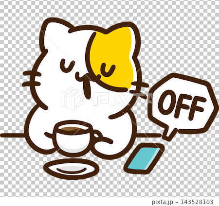 A cute, stylized illustration of a cat character enjoying some relaxation time with its smartphone turned off. A cute, stylized illustration of a cat character enjoying some relaxation time with its smartphone turned off. 143528103