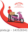 Delivery rider on pink motorcycle arriving at the  143528341