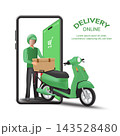 Online food delivery worker with motorcycle. 143528480