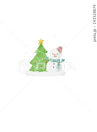 かわいい雪だるまとクリスマスツリーの水彩イラスト 143528674