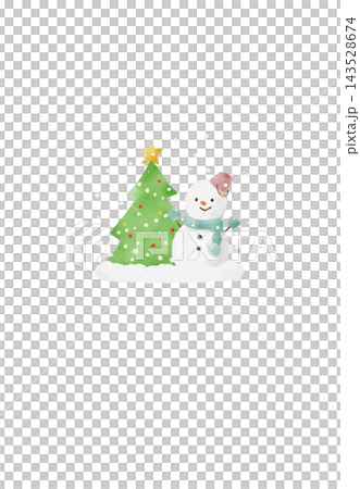 かわいい雪だるまとクリスマスツリーの水彩イラスト 143528674