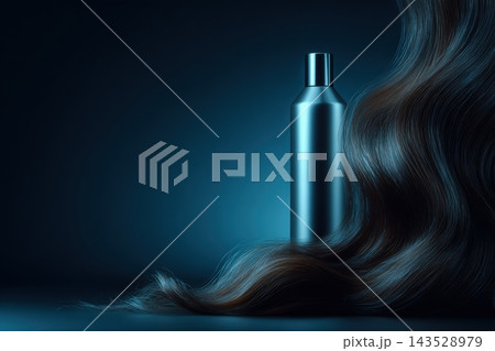 Shampoo bottle placed beside wavy hair on a dark background Shampoo bottle placed beside wavy hair on a dark background 143528979