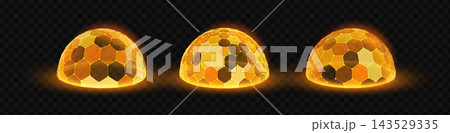 Gold dome shield with hexagon honeycomb pattern. Glowing 3D sphere barrier with cyber tech wireframe. Futuristic energy force field protection set. Transparent light ball defense on dark background. 143529335