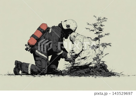 Firefighter assists injured person in rescue operation outdoors Firefighter assists injured person in rescue operation outdoors 143529697