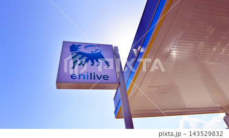 Cefalu, Italy. 21 August 2026. Enilive petrol station in Sicily. Cefalu, Italy. 21 August 2026. Enilive petrol station in Sicily. 143529832