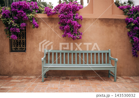 Wooden bench in front of a textured wall adorned with vibrant purple bougainvillea flowers, creating a serene outdoor seating area with natural beauty and inviting atmosphere Wooden bench in front of a textured wall adorned with vibrant purple bougainvillea flowers, creating a serene outdoor seating area with natural beauty and inviting atmosphere 143530032