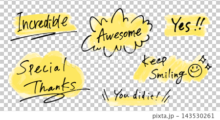 Handwritten compliments in English. Messages of gratitude. Colorful lettering and watercolor-style highlights to celebrate achievements. 143530261