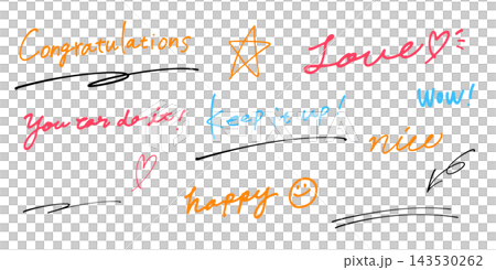 Colorful handwritten English message templates. A set of positive words expressing support, celebration, love, and joy. Congratulations! 143530262