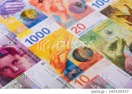 Switzerland, Swiss paper money, franc banknotes and rappen coins as currency for exchange or travel Switzerland, Swiss paper money, franc banknotes and rappen coins as currency for exchange or travel 143530357