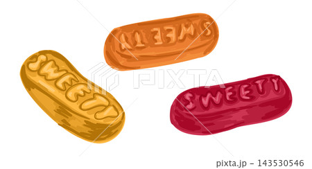 Colorful gummy sweets with raised lettering in orange, yellow, and red, isolated on a white background as a playful confectionery arrangement 143530546