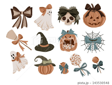 Halloween themed hand drawn illustrations of bows, ghosts, skulls, pumpkins, witch hats, spiderwebs, candy and decorative ribbons on white background Halloween themed hand drawn illustrations of bows, ghosts, skulls, pumpkins, witch hats, spiderwebs, candy and decorative ribbons on white background 143530548