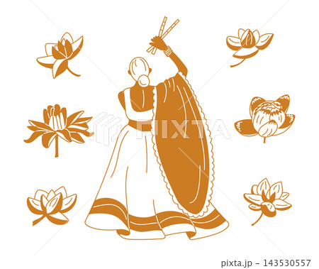 Indian classical dancer in traditional costume playing hand cymbals among lotus flower motifs, decorative brown line art illustration on a white background 143530557