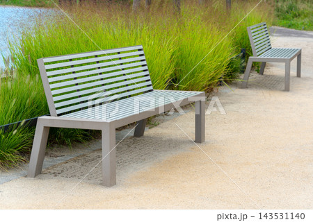 An empty metal benches on a gravel path beside ornamental grasses in an urban park. Public seating for rest, leisure, solitude, reflection, outdoor design, landscaping and community space. An empty metal benches on a gravel path beside ornamental grasses in an urban park. Public seating for rest, leisure, solitude, reflection, outdoor design, landscaping and community space. 143531140