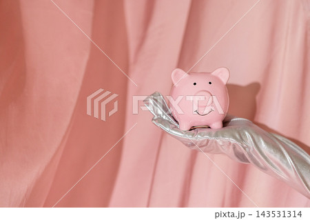 Pink piggy bank resting on silver decorative branch against flowing pink fabric backdrop for savings, finance, childhood, and whimsical money concepts in a studio still life Pink piggy bank resting on silver decorative branch against flowing pink fabric backdrop for savings, finance, childhood, and whimsical money concepts in a studio still life 143531314
