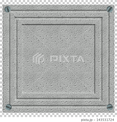 A gray square frame with screws at the four corners, and a rough, textured, metallic-looking UI panel material. A gray square frame with screws at the four corners, and a rough, textured, metallic-looking UI panel material. 143531724