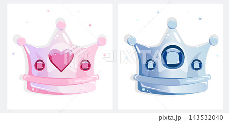 Set pink and blue crown with diamonds, gender party, birthday invitation, clipart of a pink princess and blow prince crown with small colorful gems, heart, isolated on a white background Set pink and blue crown with diamonds, gender party, birthday invitation, clipart of a pink princess and blow prince crown with small colorful gems, heart, isolated on a white background 143532040