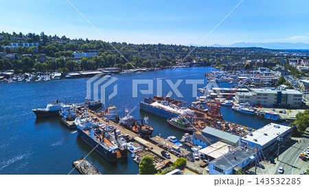 Aerial Seattle Harbor Shipyard Waterfront Industry and Urban Landscape Aerial Seattle Harbor Shipyard Waterfront Industry and Urban Landscape 143532285
