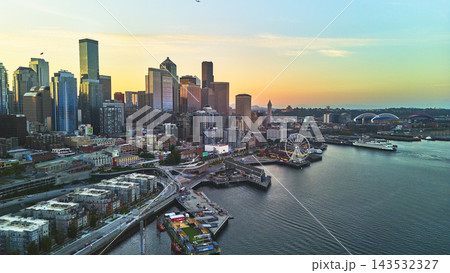 Aerial Seattle Skyline and Waterfront Bay at Golden Hour United States 143532327