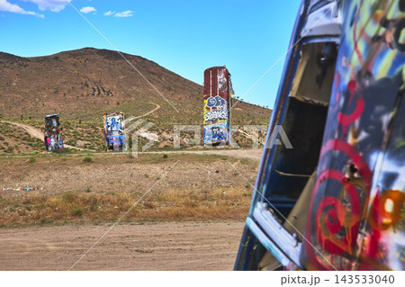 Graffiti Covered Abandoned Vehicles at International Car Forest Nevada Desert Graffiti Covered Abandoned Vehicles at International Car Forest Nevada Desert 143533040