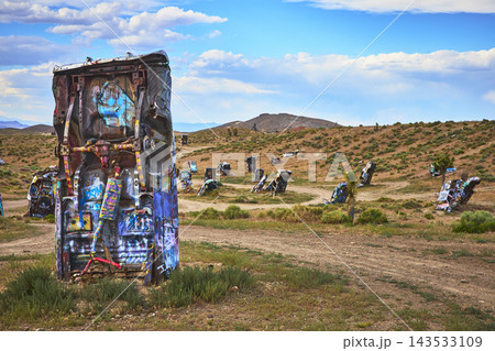 Abandoned Graffiti Vehicles in Desert at International Car Forest Nevada 143533109