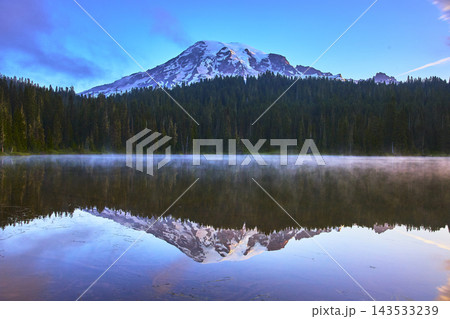 Mount Rainier Snowy Peak Reflection Lake Sunrise Foggy Forest Tranquility 143533239