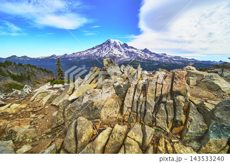 Rocky Outcrop and Snow Capped Mount Rainier with Dramatic Sky and Lush Forest 143533240