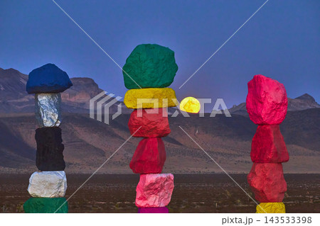 Seven Magic Mountains Art Installation Full Moon and Blue Hour Desert Landscape 143533398