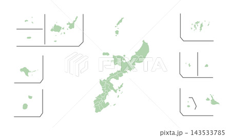 沖縄県の黒塗りシルエット地図　周囲の離島を枠線で配置したベクターイラスト 143533785