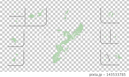 沖縄県の黒塗りシルエット地図　周囲の離島を枠線で配置したベクターイラスト 143533785