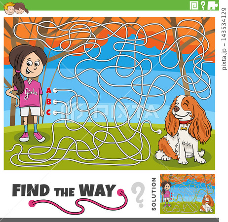 find the way maze puzzle with cartoon girl and puppy find the way maze puzzle with cartoon girl and puppy 143534129