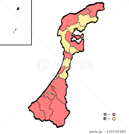 石川県地図 市町村カラー （筆タッチ） 和風 143534360
