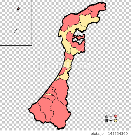 石川県地図 市町村カラー （筆タッチ） 和風 143534360
