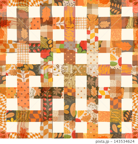 Autumn woven stripes vector seamless pattern, Cute colorful weave with dots, leaves and scribble patterns for Thanksgiving and Harvest designs 143534624