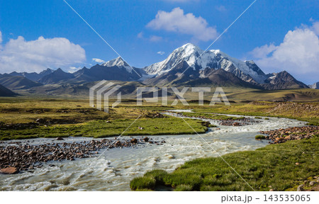 Tibetan Plateau Landscape with Snow Capped Mountains and Winding River Tibetan Plateau Landscape with Snow Capped Mountains and Winding River 143535065