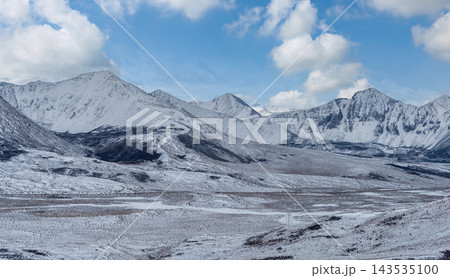 Majestic Snow Capped Mountains in Tibet Under a Clear Blue Sky Majestic Snow Capped Mountains in Tibet Under a Clear Blue Sky 143535100