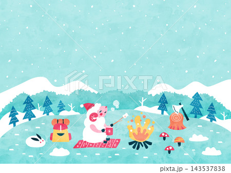 羊の冬キャンプ 冬の背景イラスト 雪が舞う山々と雪原の自然風景（水彩風） 143537838