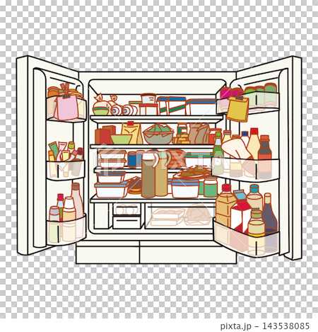 一張插圖，描繪了一個打開的冰箱，裡面裝滿了食物和調味品。 143538085