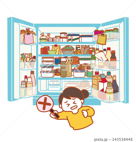 食品を詰め込みすぎた冷蔵庫に困る女性のイラスト 食品を詰め込みすぎた冷蔵庫に困る女性のイラスト 143538448