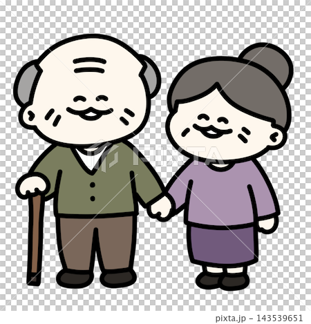 一幅祖父母手牽手,瞇著眼睛露出幸福笑容的插圖。透明背景。 一幅祖父母手牽手,瞇著眼睛露出幸福笑容的插圖。透明背景。 143539651
