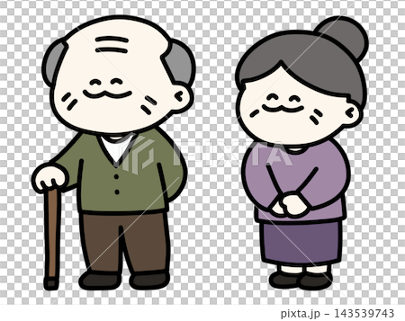 A set of illustrations of a grandfather and grandmother smiling happily side by side (with transparent background). A set of illustrations of a grandfather and grandmother smiling happily side by side (with transparent background). 143539743