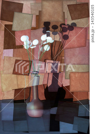 Abstract collage with a bouquet of white balloons and a shadow on a brown background. 143540105