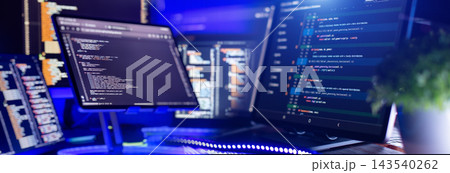 Professional Developer Workstation with Software Code, Data Processing and Multiple Digital Programming Displays 143540262