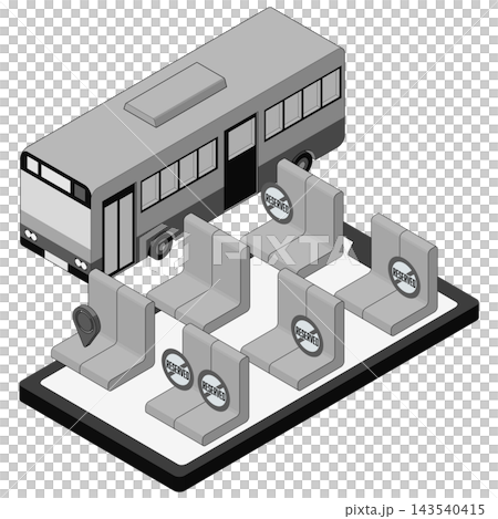 An isometric monochrome illustration inspired by the app screen used when booking bus seats. 143540415