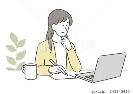 パソコンを見ながら用紙に記入をする女性のイラスト パソコンを見ながら用紙に記入をする女性のイラスト 143540419