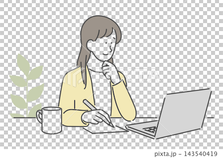 パソコンを見ながら用紙に記入をする女性のイラスト パソコンを見ながら用紙に記入をする女性のイラスト 143540419