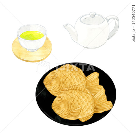 たい焼きと緑茶のセット 手描き水彩イラスト素材 たい焼きと緑茶のセット 手描き水彩イラスト素材 143540771
